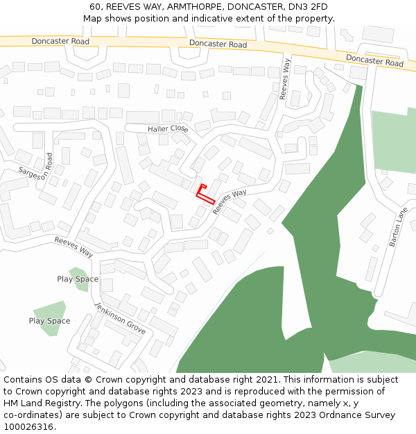 60, REEVES WAY, ARMTHORPE, DONCASTER, DN3 2FD: Location map and indicative extent of plot