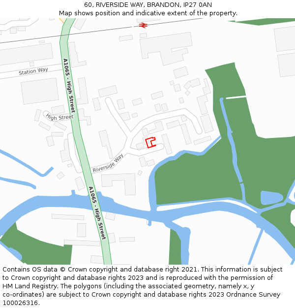 60, RIVERSIDE WAY, BRANDON, IP27 0AN: Location map and indicative extent of plot