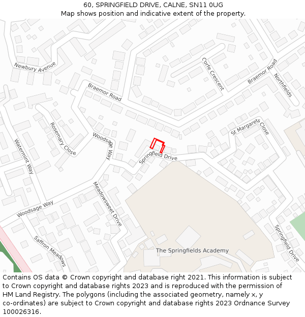 60, SPRINGFIELD DRIVE, CALNE, SN11 0UG: Location map and indicative extent of plot