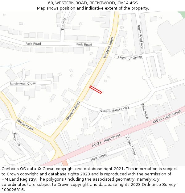 60, WESTERN ROAD, BRENTWOOD, CM14 4SS: Location map and indicative extent of plot