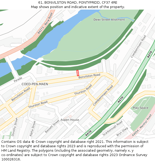 61, BONVILSTON ROAD, PONTYPRIDD, CF37 4RE: Location map and indicative extent of plot