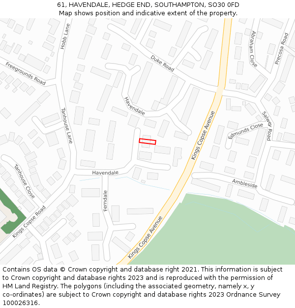 61, HAVENDALE, HEDGE END, SOUTHAMPTON, SO30 0FD: Location map and indicative extent of plot