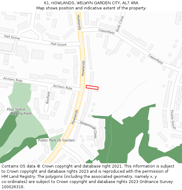 61, HOWLANDS, WELWYN GARDEN CITY, AL7 4RA: Location map and indicative extent of plot