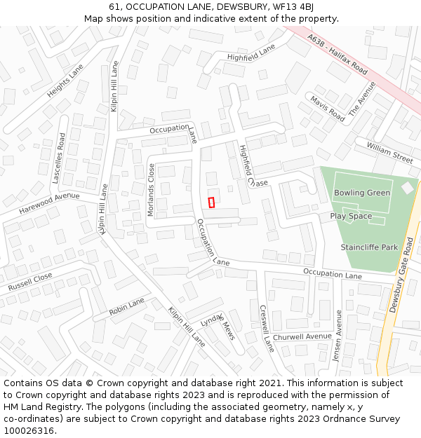61, OCCUPATION LANE, DEWSBURY, WF13 4BJ: Location map and indicative extent of plot