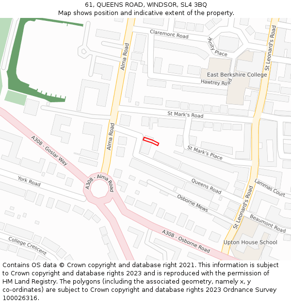 61, QUEENS ROAD, WINDSOR, SL4 3BQ: Location map and indicative extent of plot