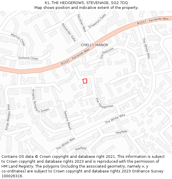 61, THE HEDGEROWS, STEVENAGE, SG2 7DQ: Location map and indicative extent of plot
