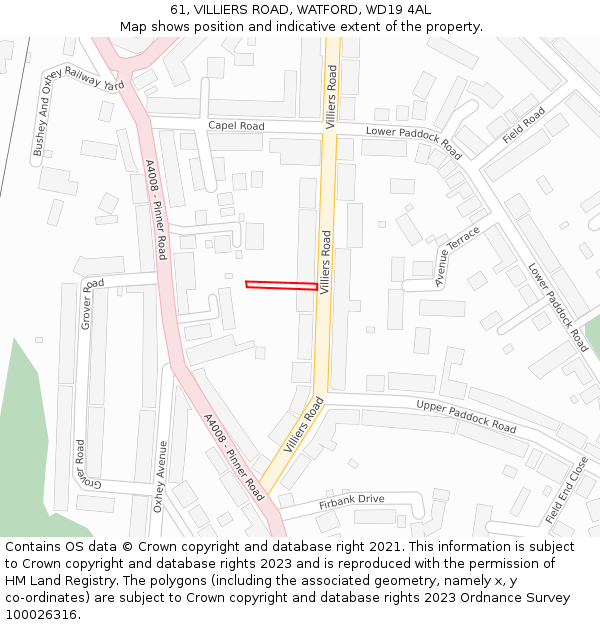 61, VILLIERS ROAD, WATFORD, WD19 4AL: Location map and indicative extent of plot