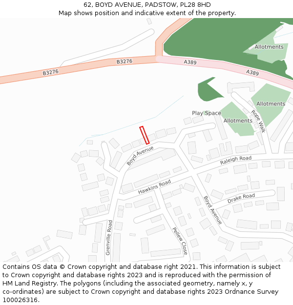 62, BOYD AVENUE, PADSTOW, PL28 8HD: Location map and indicative extent of plot