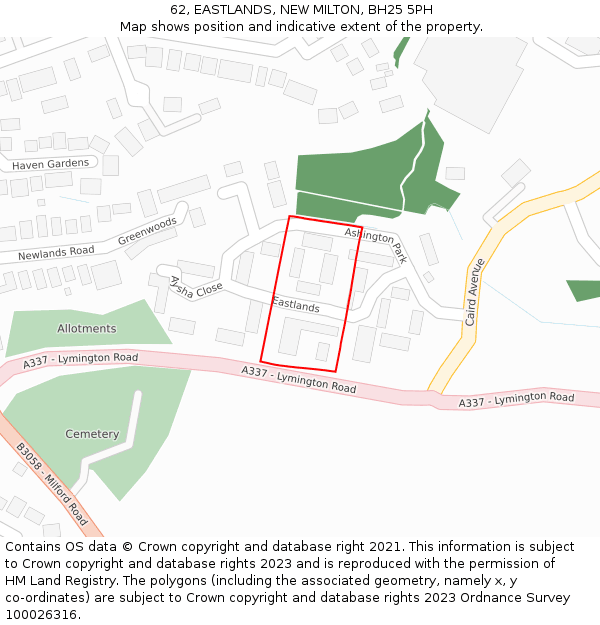 62, EASTLANDS, NEW MILTON, BH25 5PH: Location map and indicative extent of plot