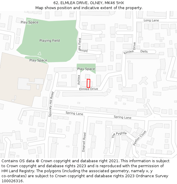 62, ELMLEA DRIVE, OLNEY, MK46 5HX: Location map and indicative extent of plot