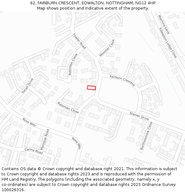 62, FAIRBURN CRESCENT, EDWALTON, NOTTINGHAM, NG12 4HP: Location map and indicative extent of plot