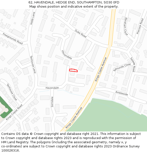 62, HAVENDALE, HEDGE END, SOUTHAMPTON, SO30 0FD: Location map and indicative extent of plot
