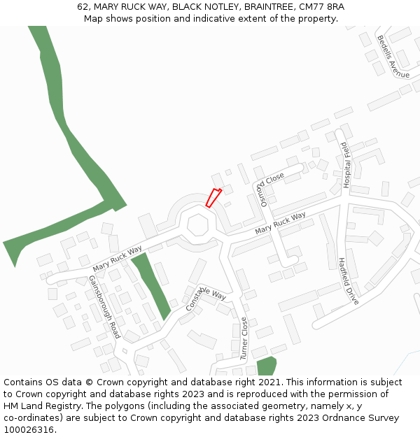 62, MARY RUCK WAY, BLACK NOTLEY, BRAINTREE, CM77 8RA: Location map and indicative extent of plot