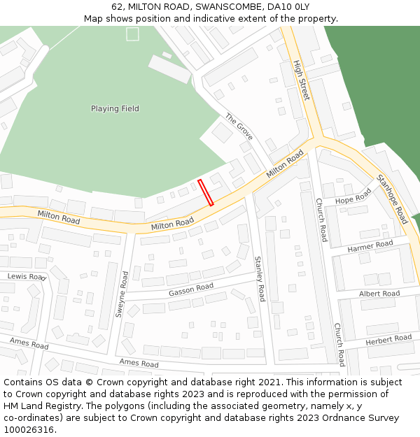 62, MILTON ROAD, SWANSCOMBE, DA10 0LY: Location map and indicative extent of plot