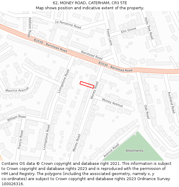 62, MONEY ROAD, CATERHAM, CR3 5TE: Location map and indicative extent of plot