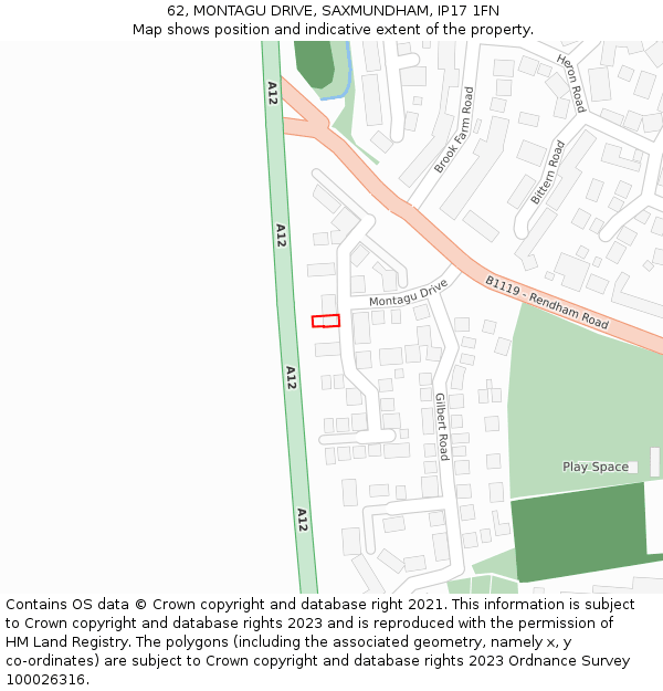 62, MONTAGU DRIVE, SAXMUNDHAM, IP17 1FN: Location map and indicative extent of plot