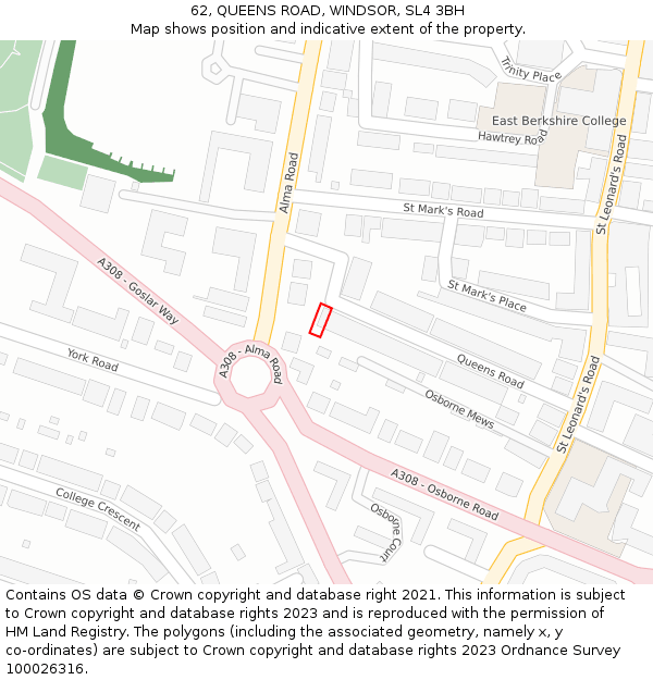 62, QUEENS ROAD, WINDSOR, SL4 3BH: Location map and indicative extent of plot
