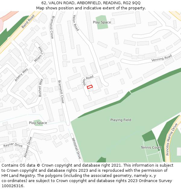 62, VALON ROAD, ARBORFIELD, READING, RG2 9QQ: Location map and indicative extent of plot