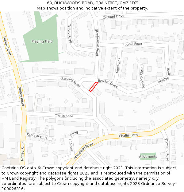 63, BUCKWOODS ROAD, BRAINTREE, CM7 1DZ: Location map and indicative extent of plot