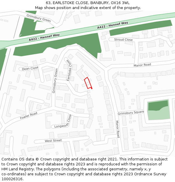 63, EARLSTOKE CLOSE, BANBURY, OX16 3WL: Location map and indicative extent of plot