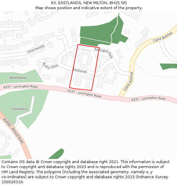 63, EASTLANDS, NEW MILTON, BH25 5PJ: Location map and indicative extent of plot
