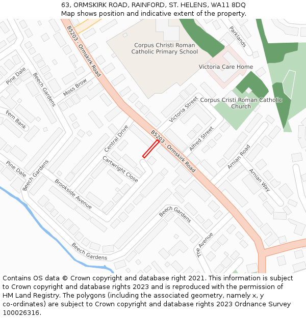 63, ORMSKIRK ROAD, RAINFORD, ST. HELENS, WA11 8DQ: Location map and indicative extent of plot