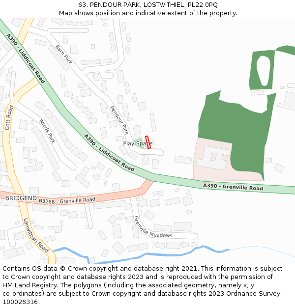 63, PENDOUR PARK, LOSTWITHIEL, PL22 0PQ: Location map and indicative extent of plot