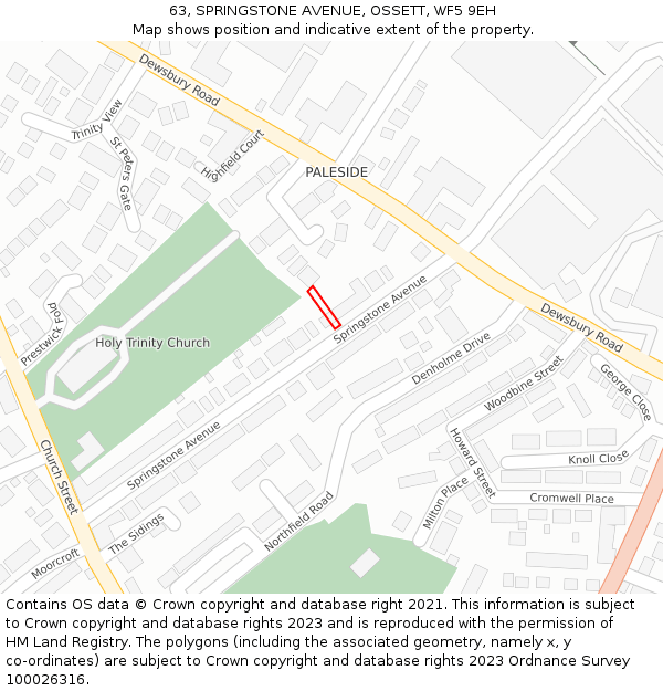 63, SPRINGSTONE AVENUE, OSSETT, WF5 9EH: Location map and indicative extent of plot