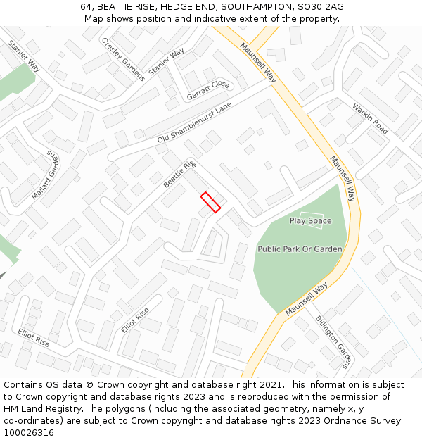 64, BEATTIE RISE, HEDGE END, SOUTHAMPTON, SO30 2AG: Location map and indicative extent of plot