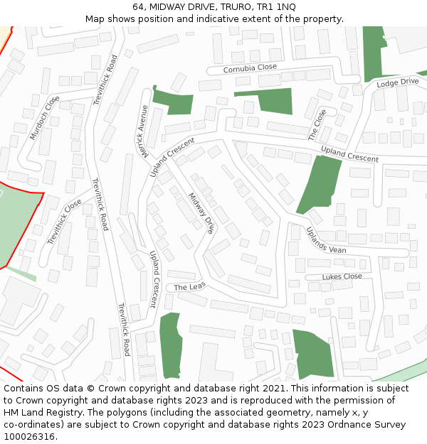 64, MIDWAY DRIVE, TRURO, TR1 1NQ: Location map and indicative extent of plot
