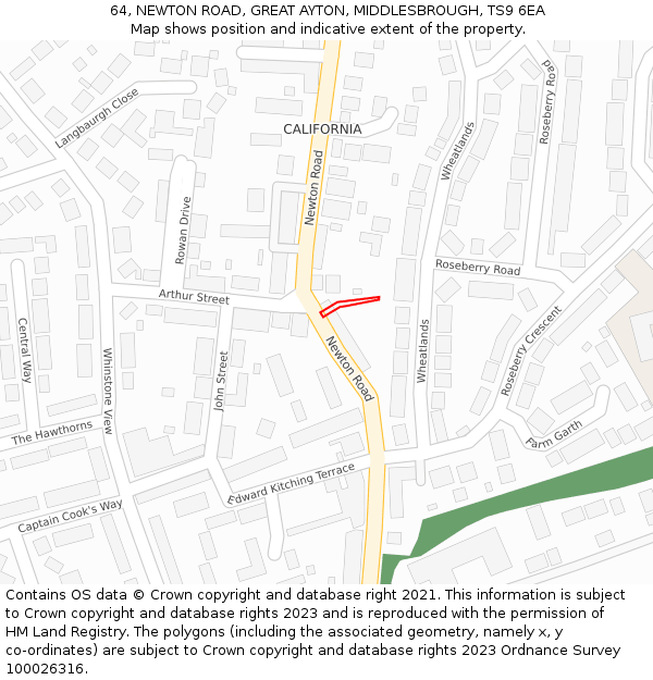 64, NEWTON ROAD, GREAT AYTON, MIDDLESBROUGH, TS9 6EA: Location map and indicative extent of plot