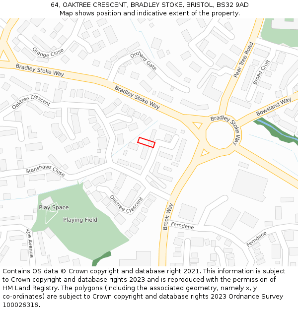 64, OAKTREE CRESCENT, BRADLEY STOKE, BRISTOL, BS32 9AD: Location map and indicative extent of plot