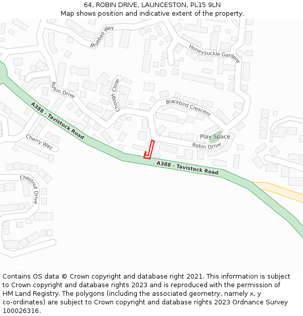 64, ROBIN DRIVE, LAUNCESTON, PL15 9LN: Location map and indicative extent of plot