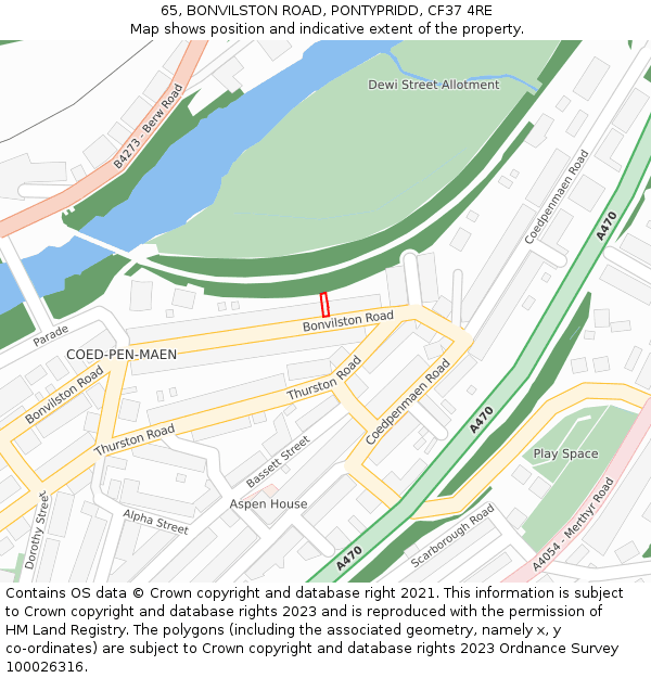 65, BONVILSTON ROAD, PONTYPRIDD, CF37 4RE: Location map and indicative extent of plot