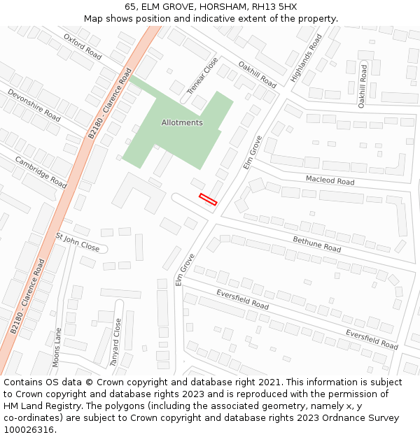 65, ELM GROVE, HORSHAM, RH13 5HX: Location map and indicative extent of plot