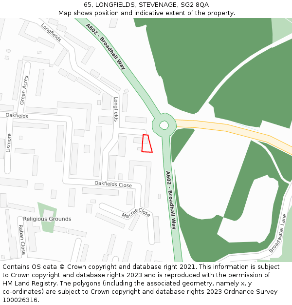 65, LONGFIELDS, STEVENAGE, SG2 8QA: Location map and indicative extent of plot