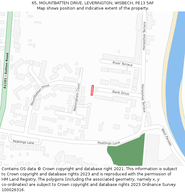 65, MOUNTBATTEN DRIVE, LEVERINGTON, WISBECH, PE13 5AF: Location map and indicative extent of plot