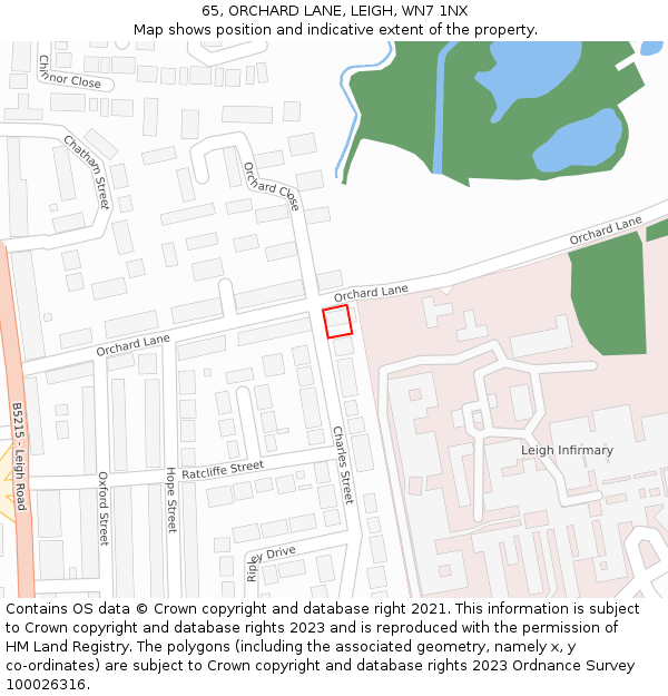 65, ORCHARD LANE, LEIGH, WN7 1NX: Location map and indicative extent of plot