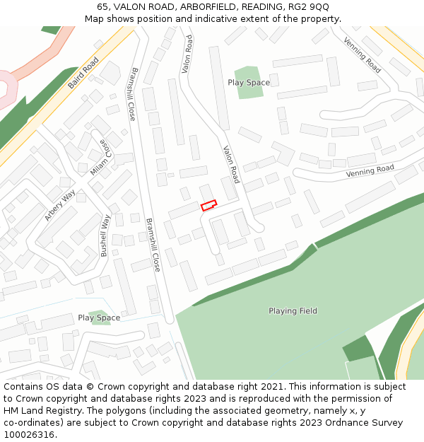 65, VALON ROAD, ARBORFIELD, READING, RG2 9QQ: Location map and indicative extent of plot
