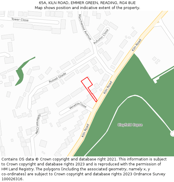 65A, KILN ROAD, EMMER GREEN, READING, RG4 8UE: Location map and indicative extent of plot