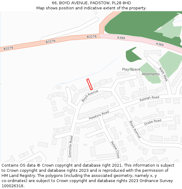 66, BOYD AVENUE, PADSTOW, PL28 8HD: Location map and indicative extent of plot
