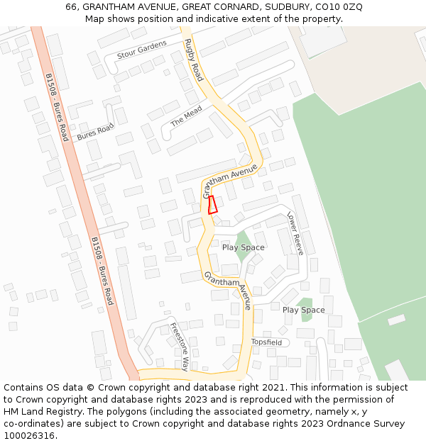 66, GRANTHAM AVENUE, GREAT CORNARD, SUDBURY, CO10 0ZQ: Location map and indicative extent of plot