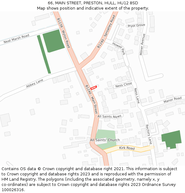 66, MAIN STREET, PRESTON, HULL, HU12 8SD: Location map and indicative extent of plot