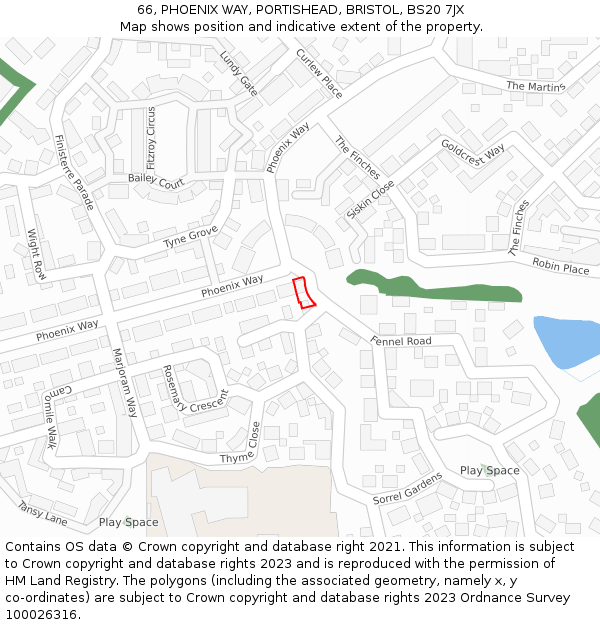 66, PHOENIX WAY, PORTISHEAD, BRISTOL, BS20 7JX: Location map and indicative extent of plot