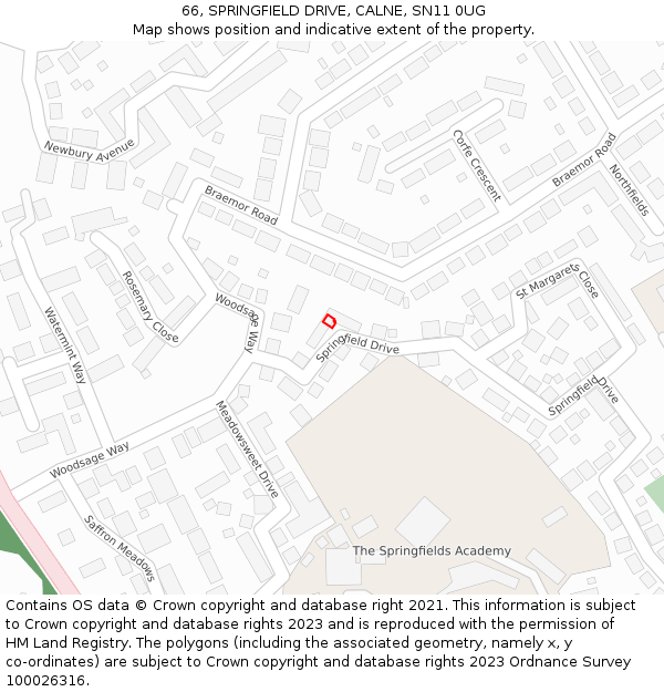 66, SPRINGFIELD DRIVE, CALNE, SN11 0UG: Location map and indicative extent of plot