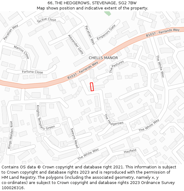 66, THE HEDGEROWS, STEVENAGE, SG2 7BW: Location map and indicative extent of plot