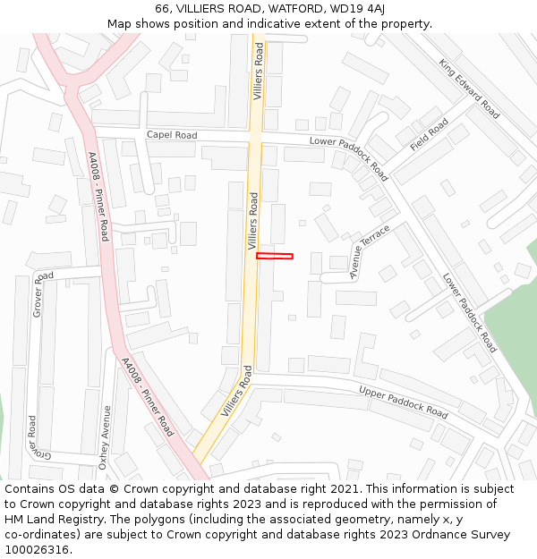 66, VILLIERS ROAD, WATFORD, WD19 4AJ: Location map and indicative extent of plot