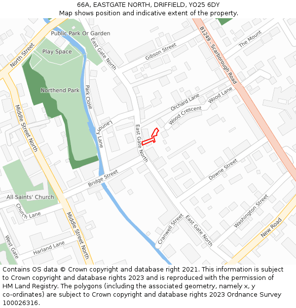 66A, EASTGATE NORTH, DRIFFIELD, YO25 6DY: Location map and indicative extent of plot
