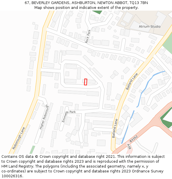 67, BEVERLEY GARDENS, ASHBURTON, NEWTON ABBOT, TQ13 7BN: Location map and indicative extent of plot
