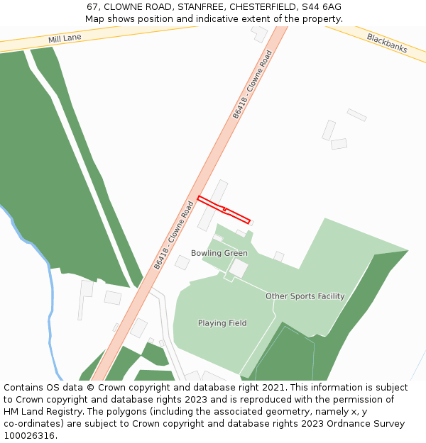 67, CLOWNE ROAD, STANFREE, CHESTERFIELD, S44 6AG: Location map and indicative extent of plot
